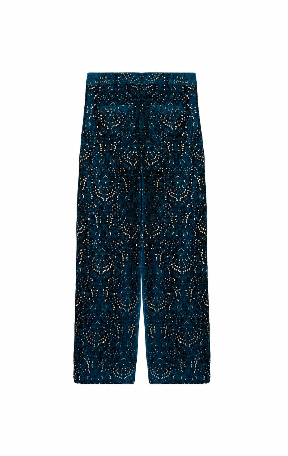 A pair of wide-leg trousers in dark teal blue velvet with an intricate gold and silver beaded geometric pattern, shown flat against a solid white background.