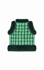 A green and black plaid knit pet sweater vest with dark green faux fur trim on the collar, armholes, and hem, shown against a plain white background.