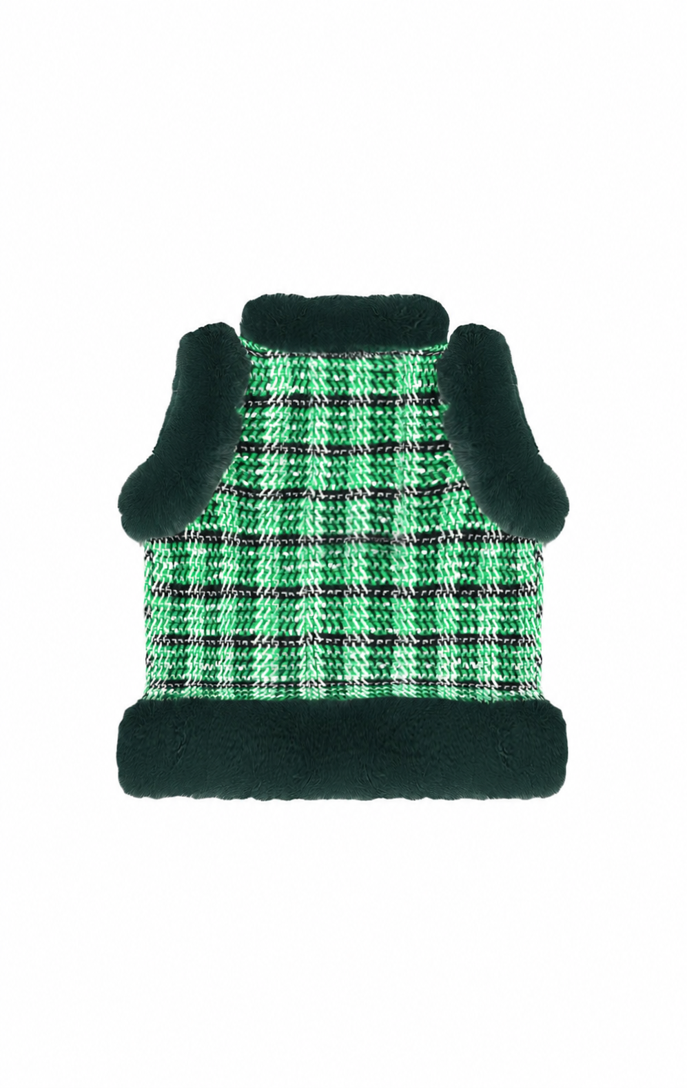 A green and black plaid knit pet sweater vest with dark green faux fur trim on the collar, armholes, and hem, shown against a plain white background.