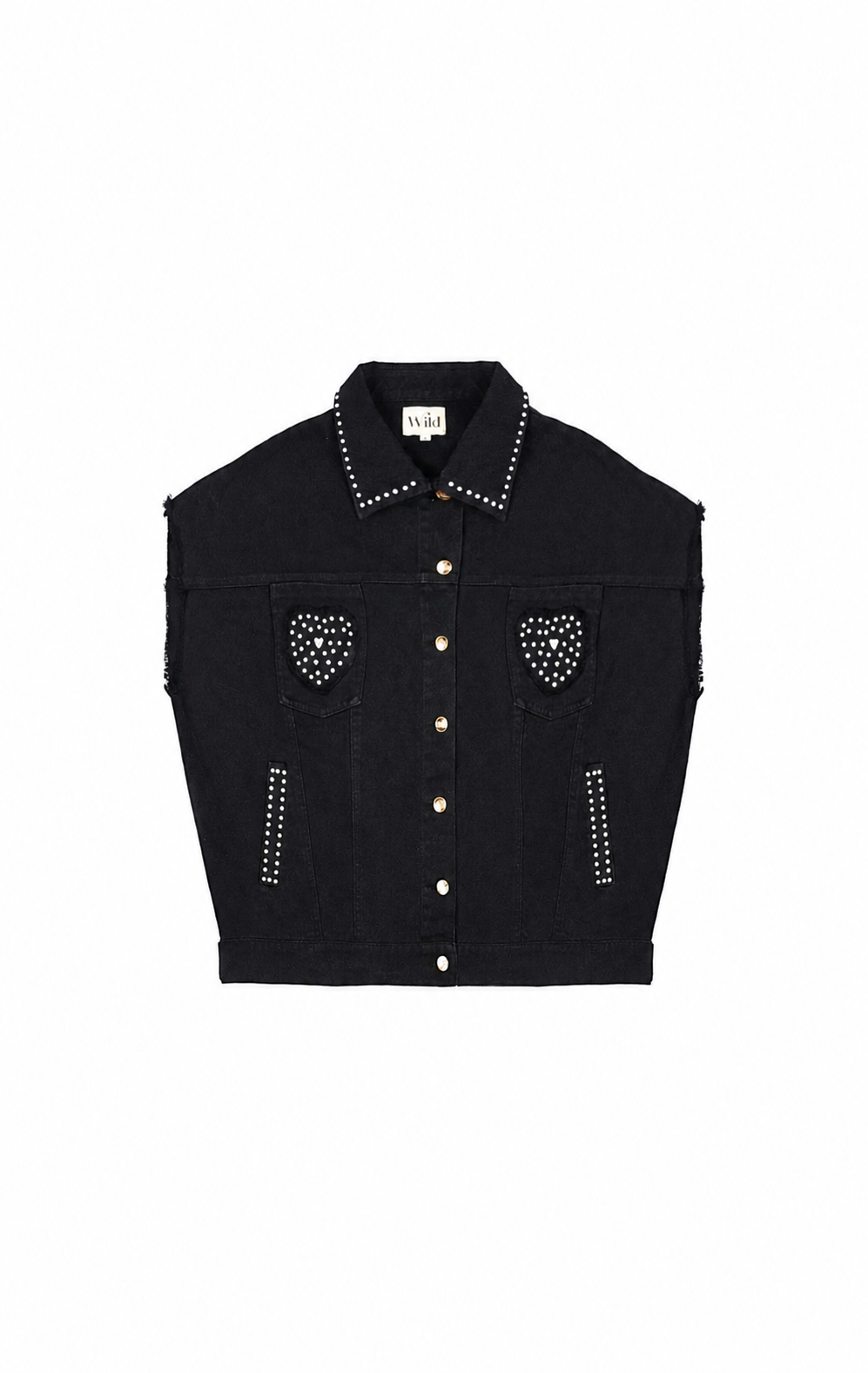 A black denim jacket with silver studded details on the collar, chest pocket flaps, and side pockets, featuring gold-tone buttons. The brand label 'Wild Paris' is visible on the inner neck tag.