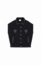 A black denim jacket with silver studded details on the collar, chest pocket flaps, and side pockets, featuring gold-tone buttons. The brand label 'Wild Paris' is visible on the inner neck tag.