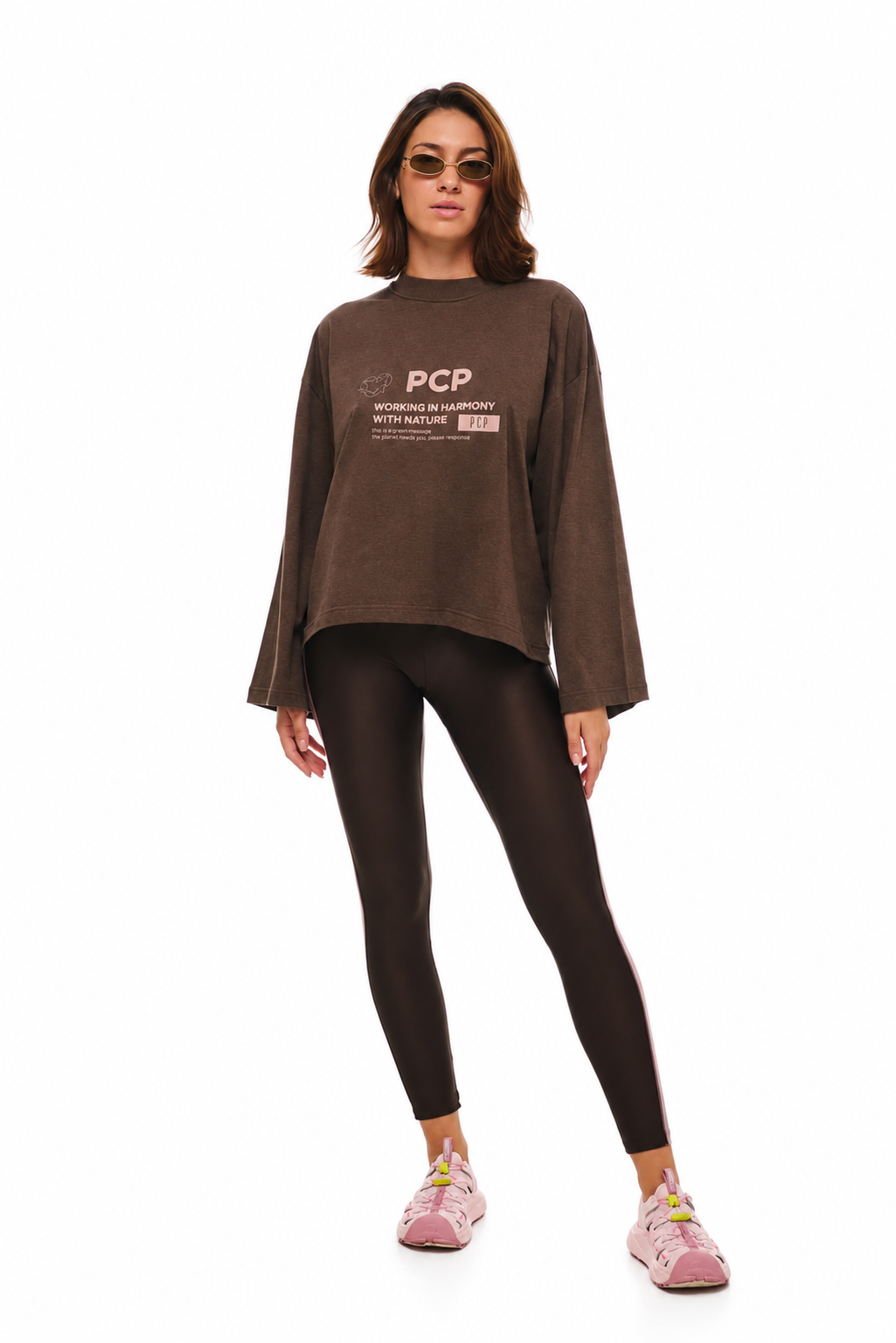 PCP Melange Nature Print Longsleeve T-Shirt brown colorway front full-body view on white background