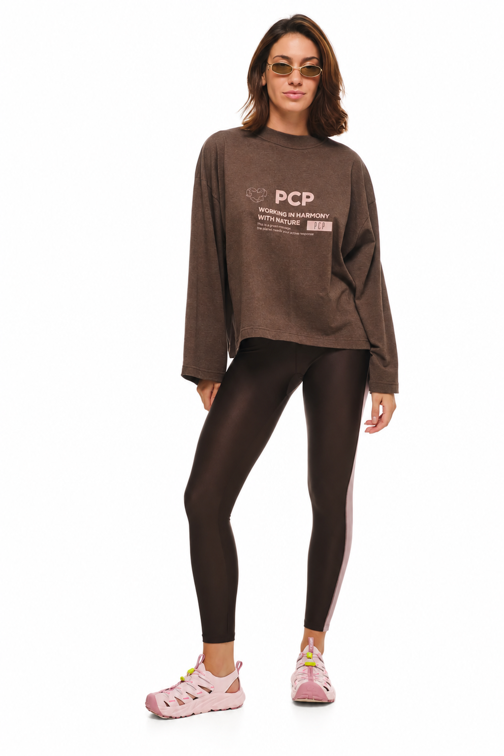 PCP Melange Nature Print Longsleeve T-Shirt brown colorway front posed view on white background