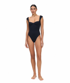 HAALS Selene One-Piece Swimsuit black one-piece with sweetheart neckline and cap sleeves full length front view