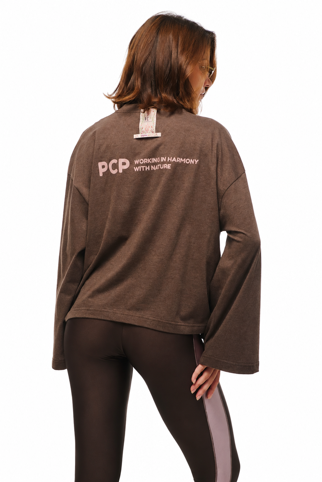 PCP Melange Nature Print Longsleeve T-Shirt brown colorway back close-up on white background