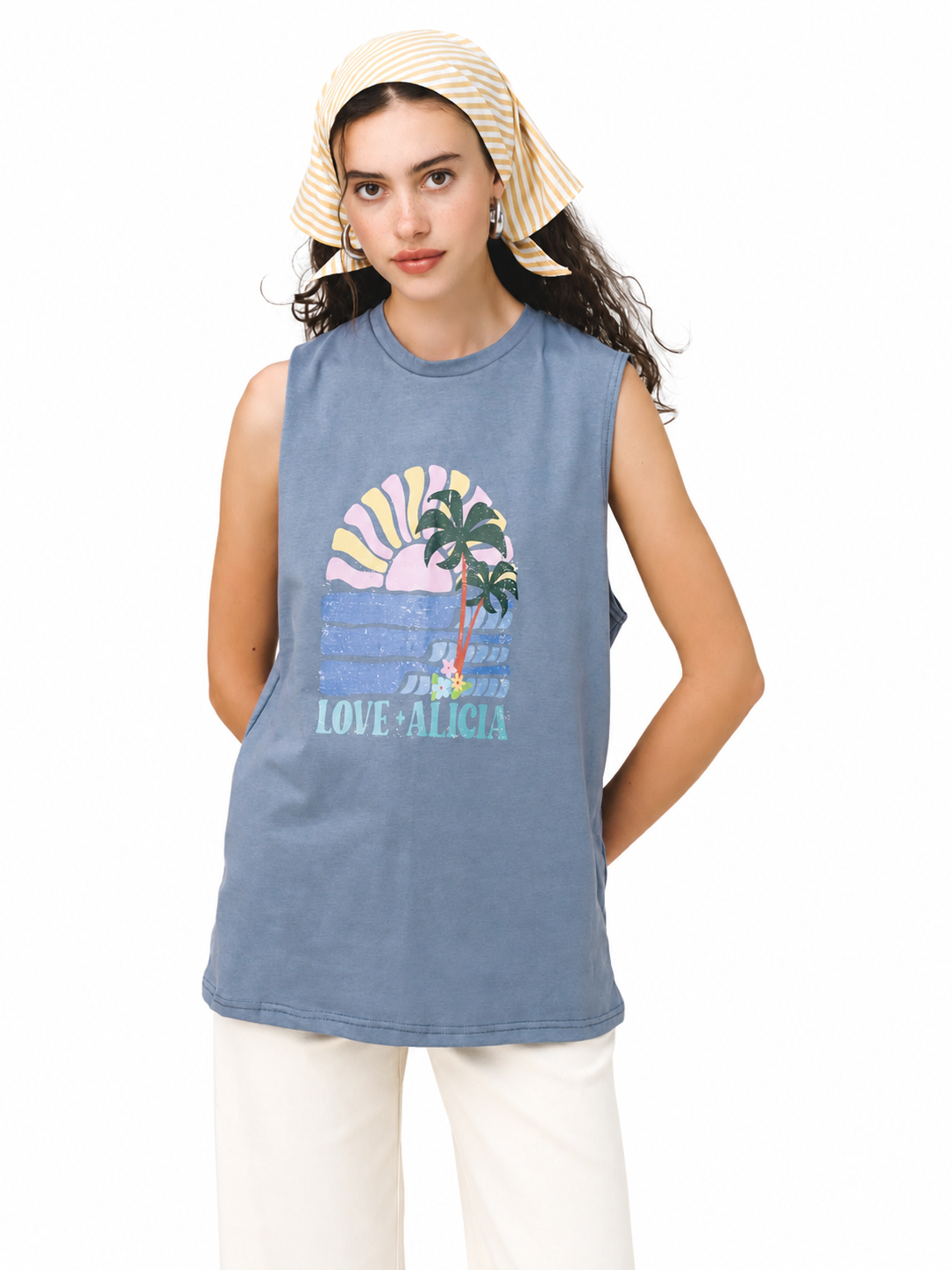 Love and Alicia Rising Sun Tank blue organic cotton muscle tank close-up with retro tropical sunset and palm tree graphic
