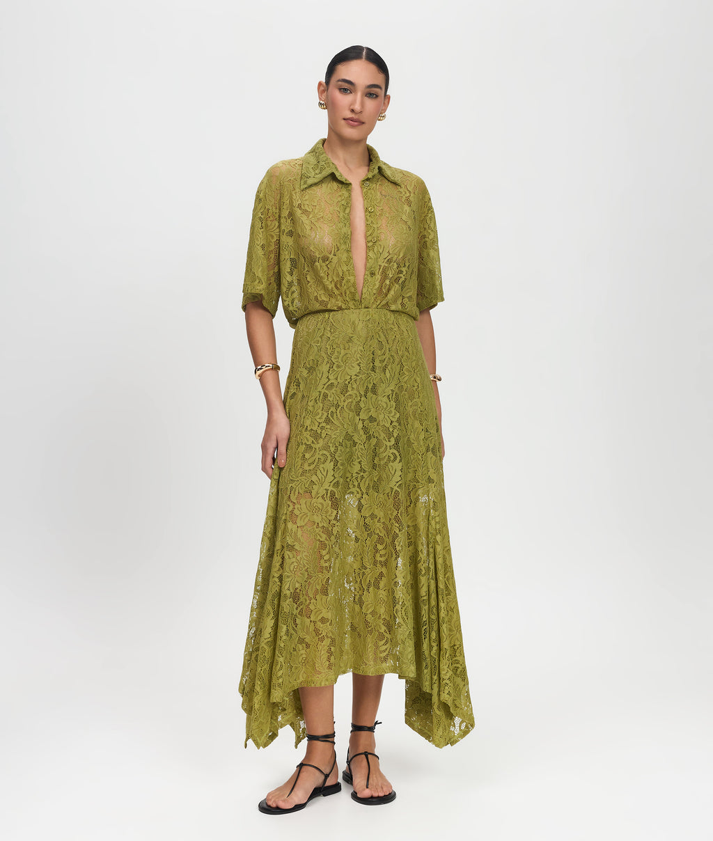 Woman wearing a green lace dress on a white background