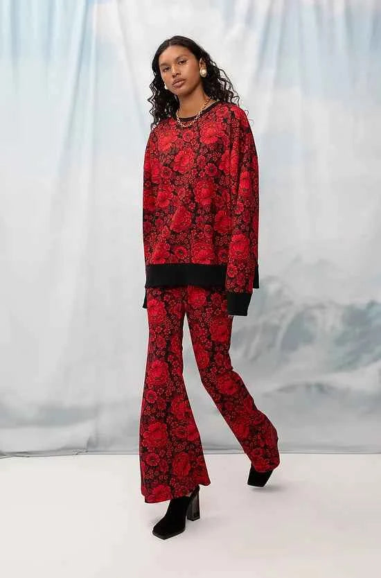 Flared Pants Flowers Red