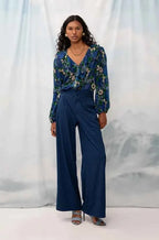 Wide-Leg Pleated Pants Blue Stripes