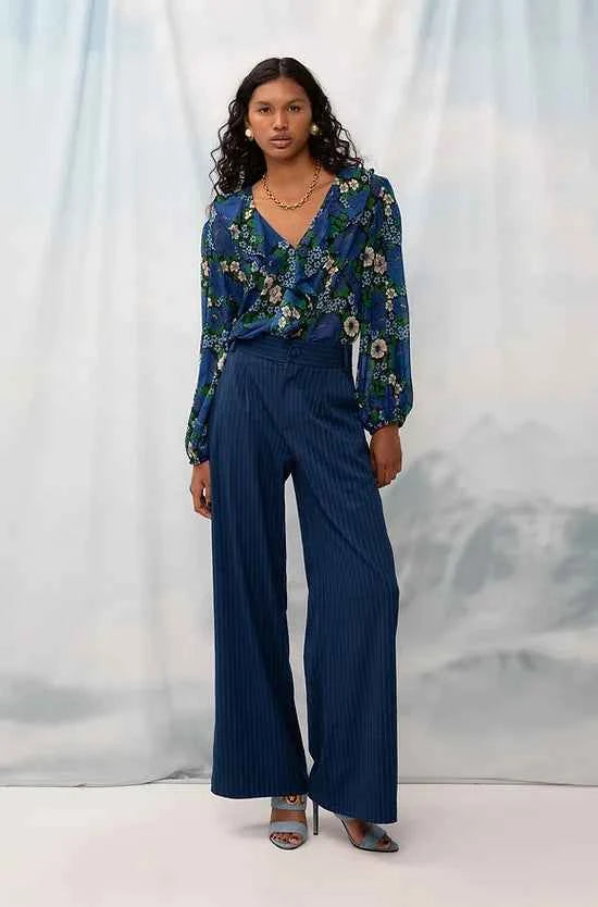 Wide-Leg Pleated Pants Blue Stripes