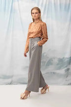 Wide-Leg Pleated Pants Gray Stripes