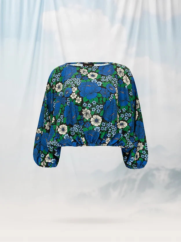 Knitted Cropped Top Flowers Blue - Andreakou Concept Store