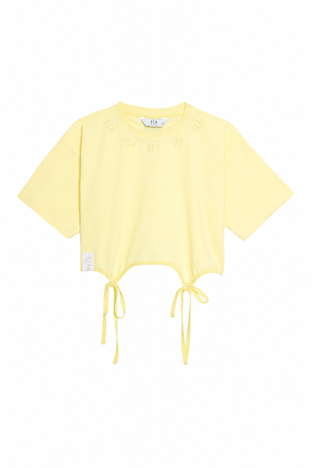 A pale yellow short-sleeve crop top with drawstring ties at the hem and subtle tonal embroidery around the crew neck, displayed flat against a white background.