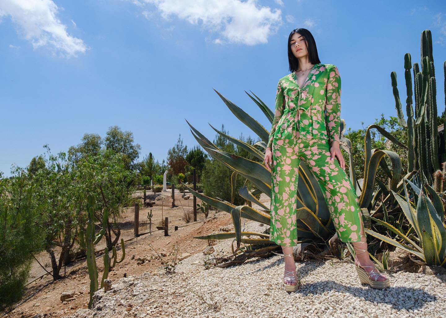Woman in a green floral dress standing in a desert landscape with cacti.