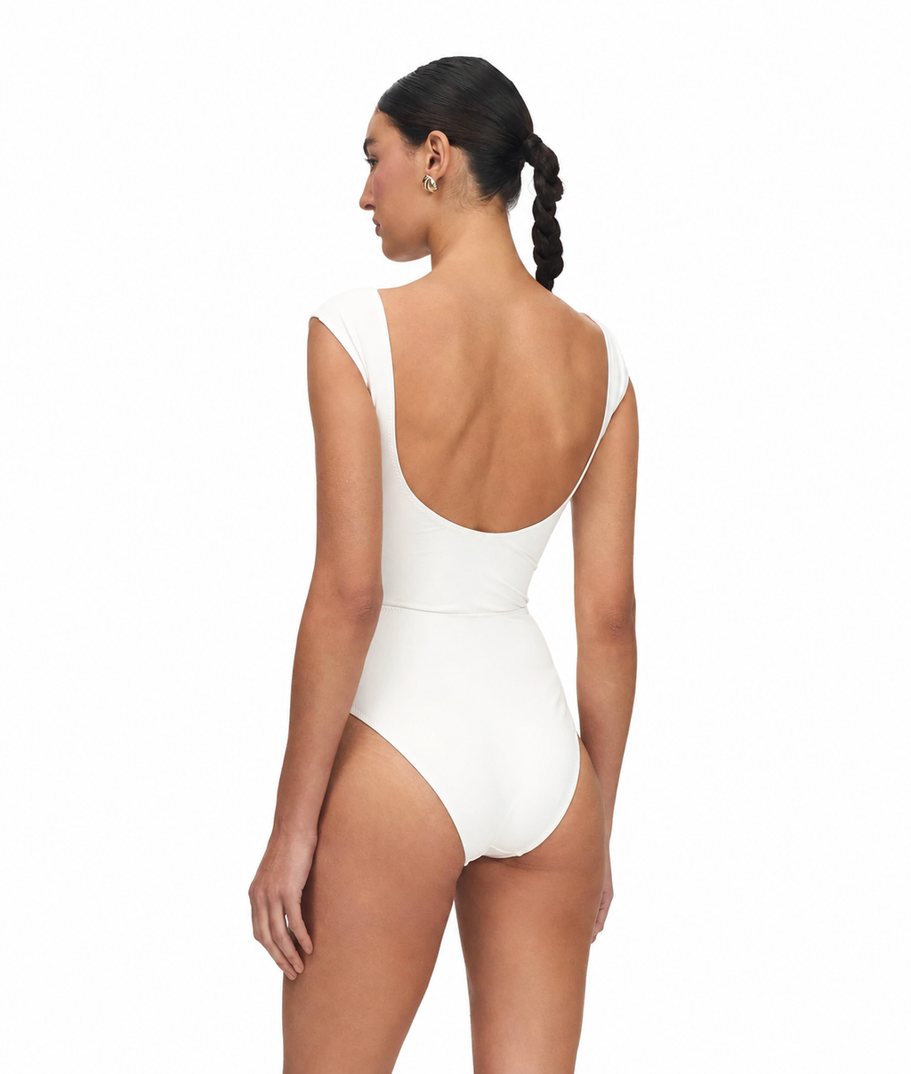 HAALS Selene One-Piece Swimsuit white one-piece with sweetheart neckline and cap sleeves back view showing open low back
