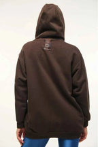 Brown hoodie with a visible brand logo on the back against a white background