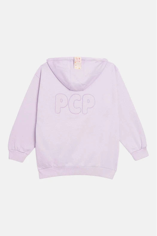Lavender hoodie with 'PCP' branding on a light purple background