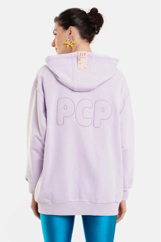 Person wearing a light purple hoodie with 'PCP' branding on the back, standing against a white background.