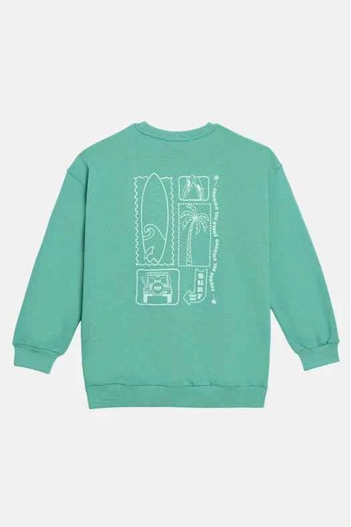Green sweatshirt with white graphic on a light gray background