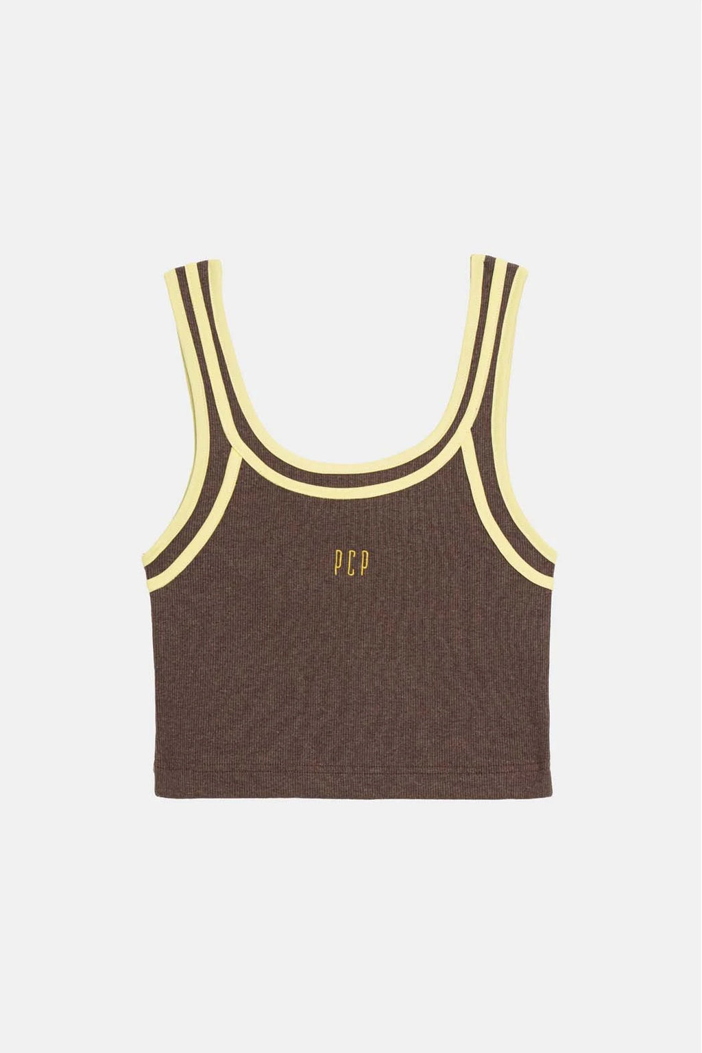 Brown tank top with yellow trim on a light gray background
