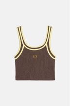 Brown tank top with yellow trim on a light gray background