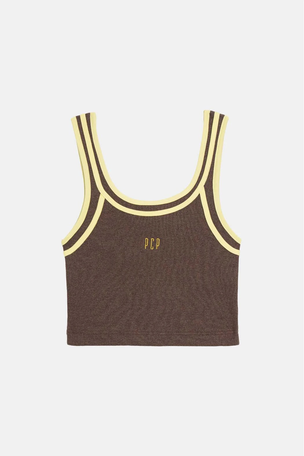 Brown tank top with yellow trim on a light gray background