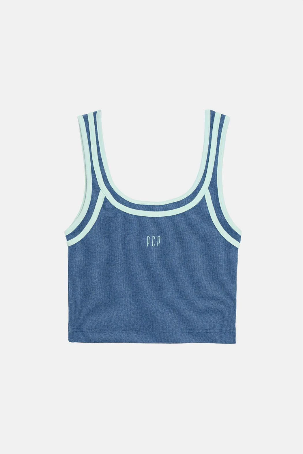 Blue tank top with white trim on a light gray background