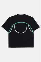 Black t-shirt with green and white accents on a light gray background