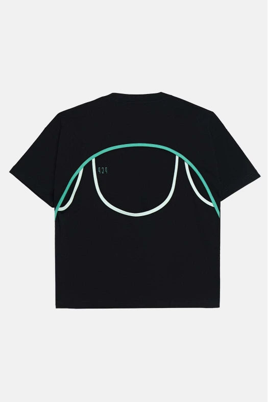 Black t-shirt with green and white accents on a light gray background