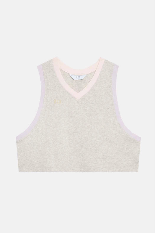 Light-colored sleeveless top with a V-neck on a white background