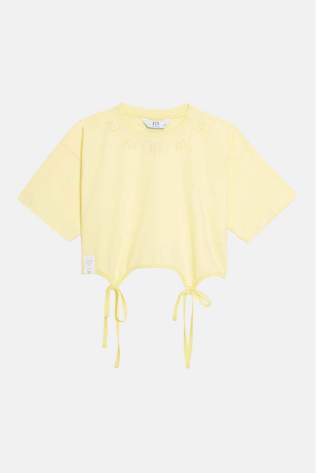 Yellow crop top with drawstring details on a white background