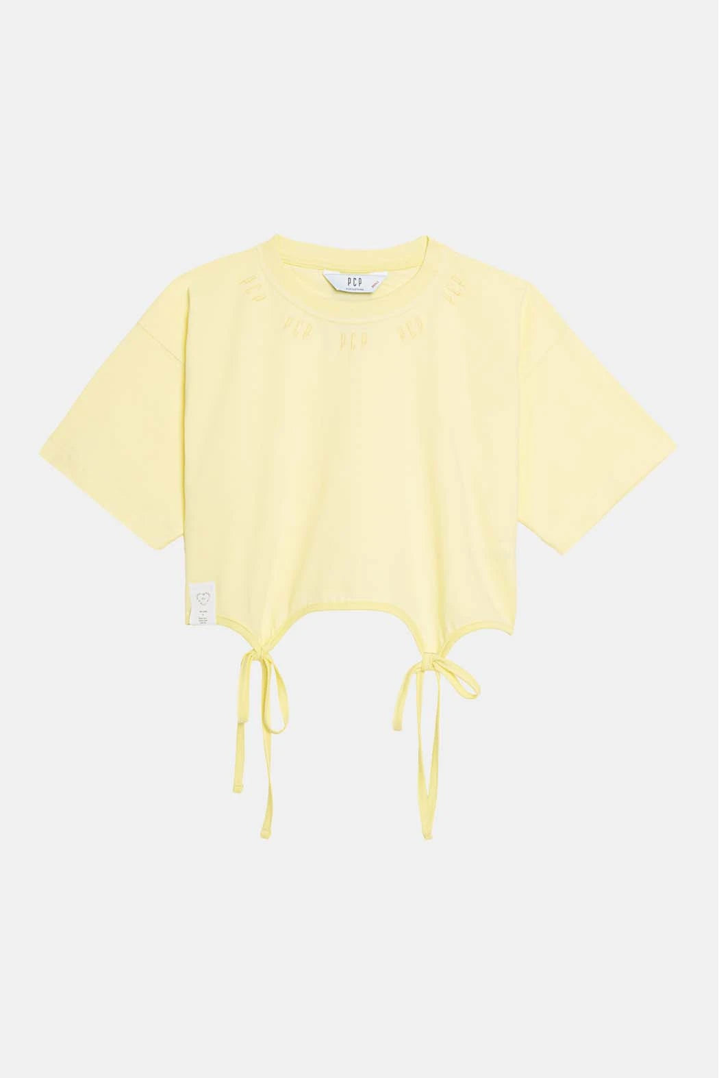 Yellow crop top with drawstring details on a white background