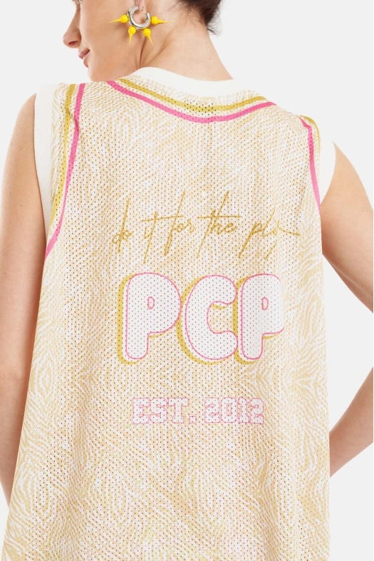 Yellow sleeveless top with pink and yellow text on a white background