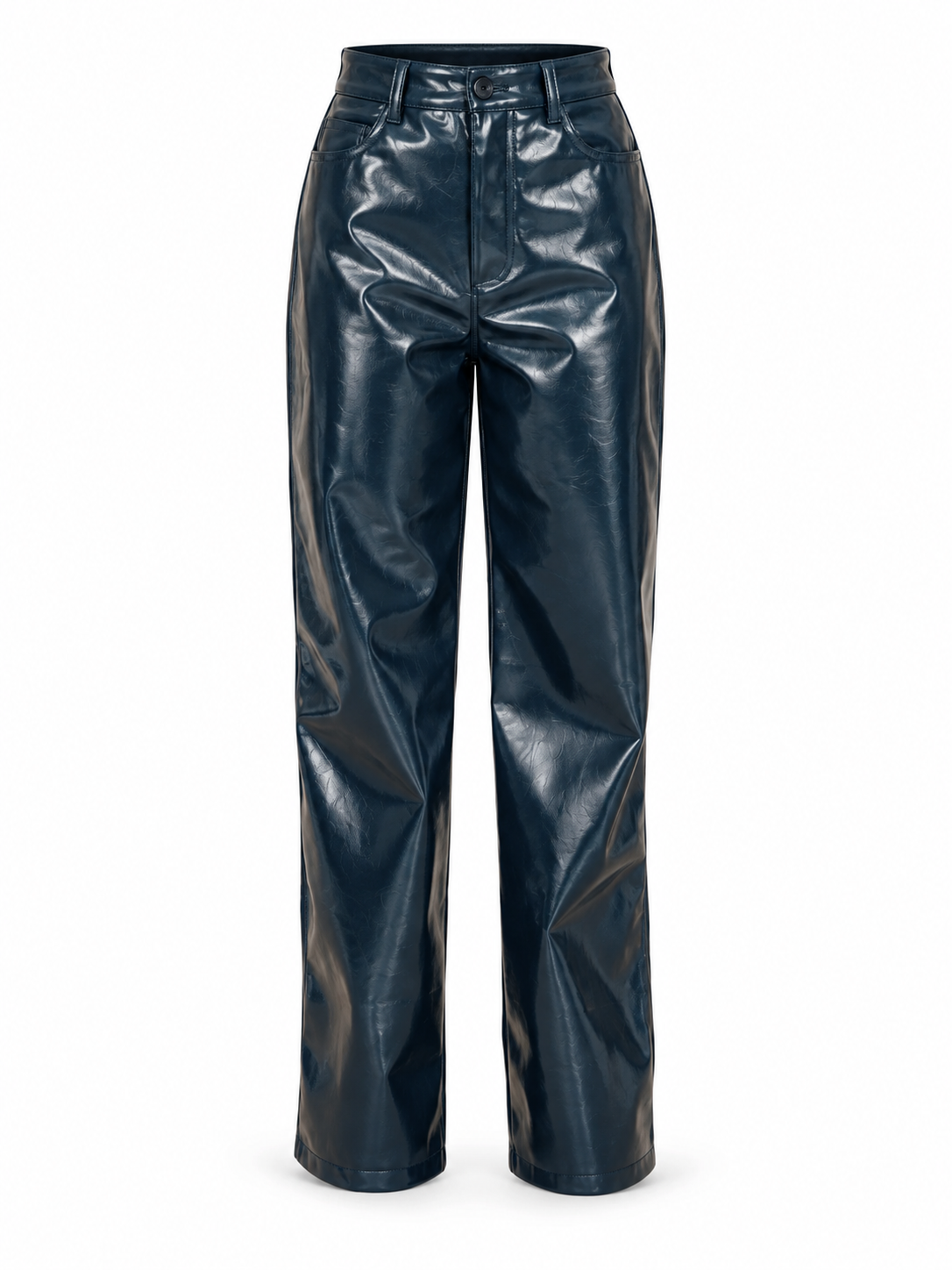 Love And Alicia Sailor glossy navy vinyl trousers with belt loops and side pockets, product front view