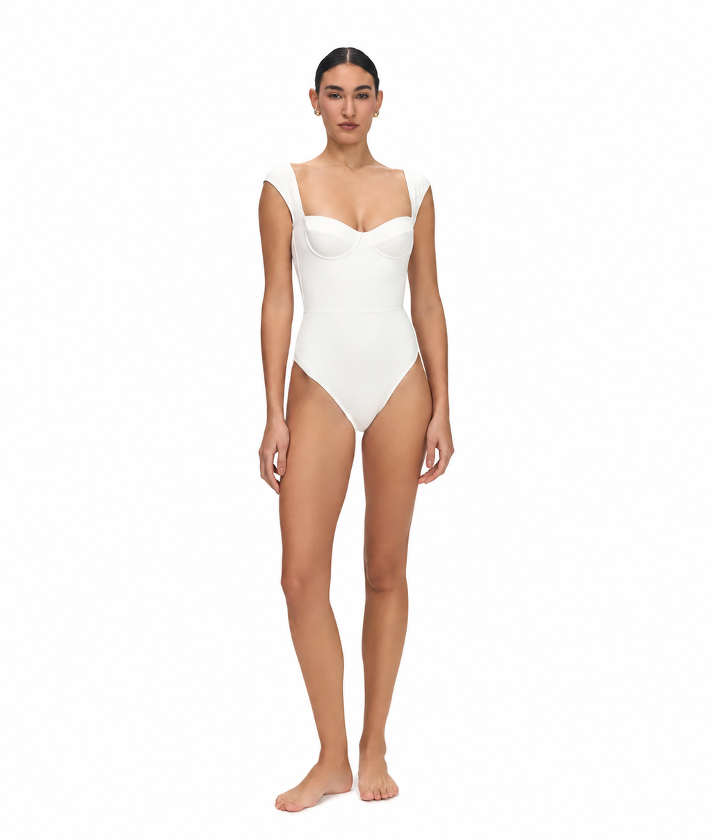 HAALS Selene One-Piece Swimsuit white one-piece with sweetheart neckline and cap sleeves full length front view