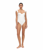HAALS Selene One-Piece Swimsuit white one-piece with sweetheart neckline and cap sleeves full length front view