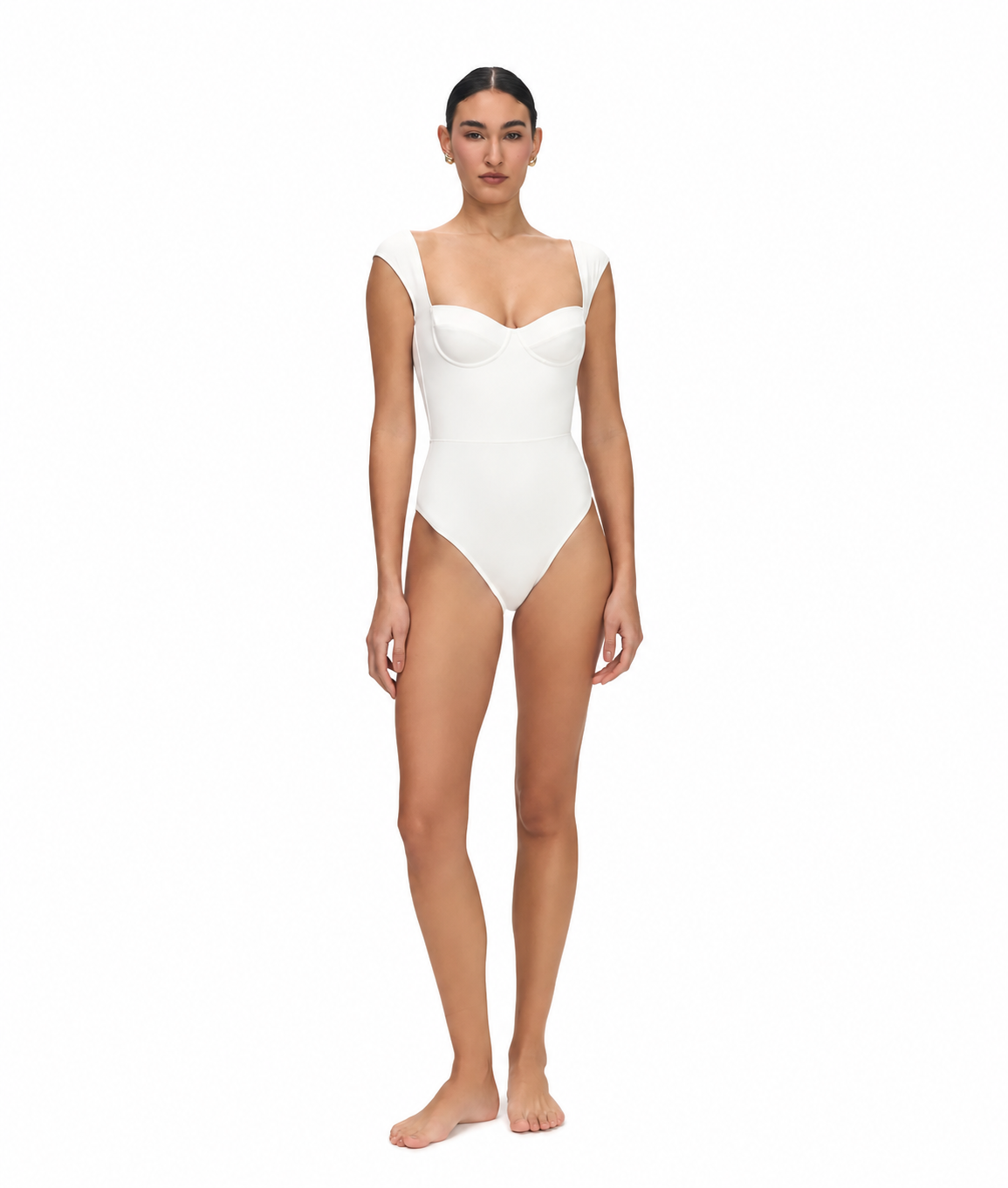 HAALS Selene One-Piece Swimsuit white one-piece with sweetheart neckline and cap sleeves full length front view