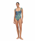 HAALS Selene One-Piece Swimsuit navy polka dot and green tropical print ruched one-piece with sweetheart neckline full length front view