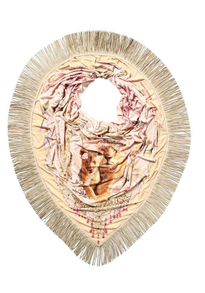 Decorative item with fringe and a central design on a white background