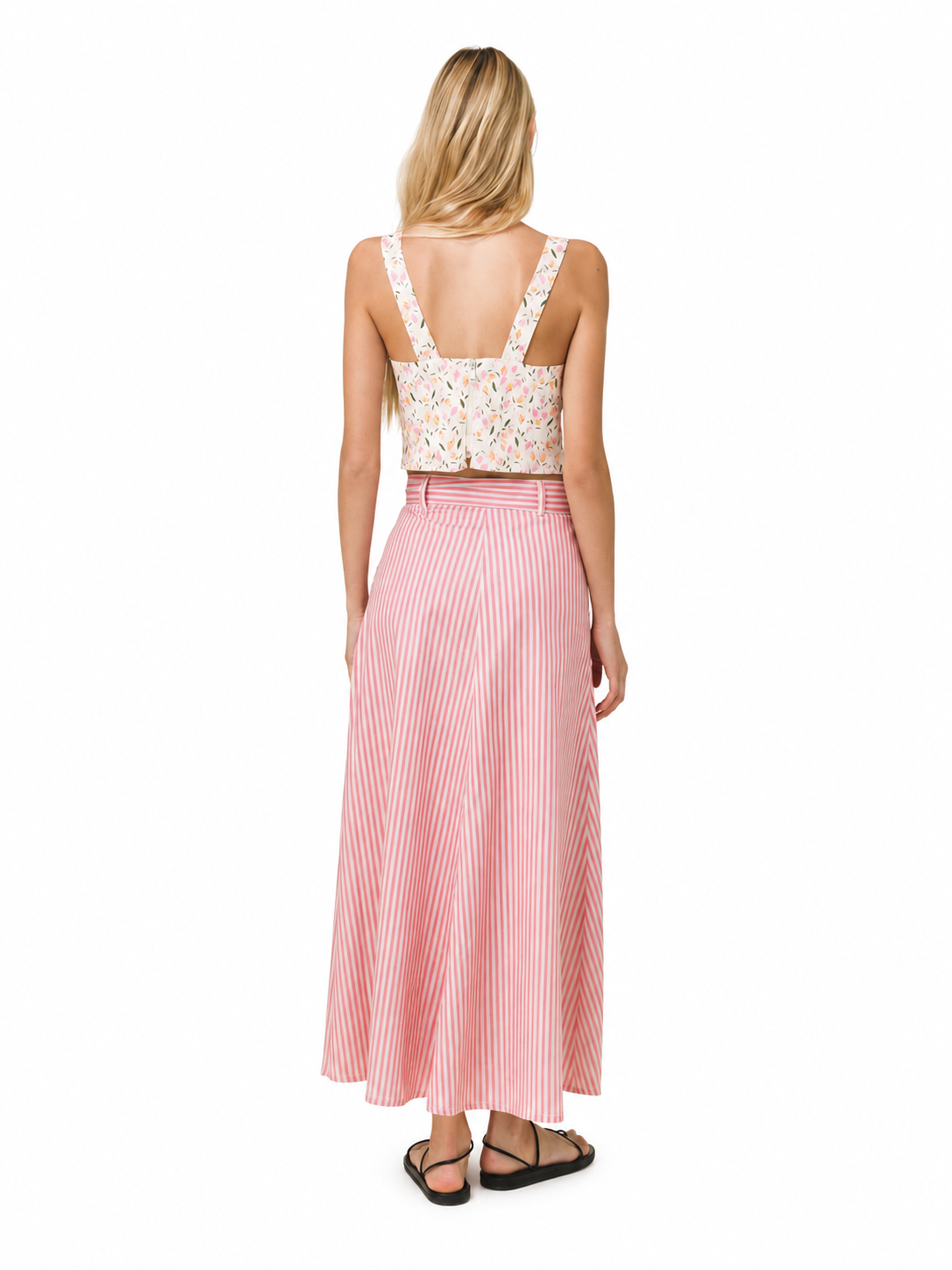 Love and Alicia MOLLY Floral Bustier Top cream floral print crop top back view styled with pink striped midi skirt