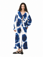 Love and Alicia NAMI Tie Dye Linen Top blue and white tie-dye linen jacket with bow tie front styled as a set with matching wide-leg trousers