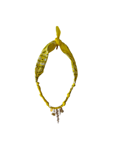 Badhnati Jewelry yellow Colombiana fabric necklace with long gold-tone leaf and rhinestone charms