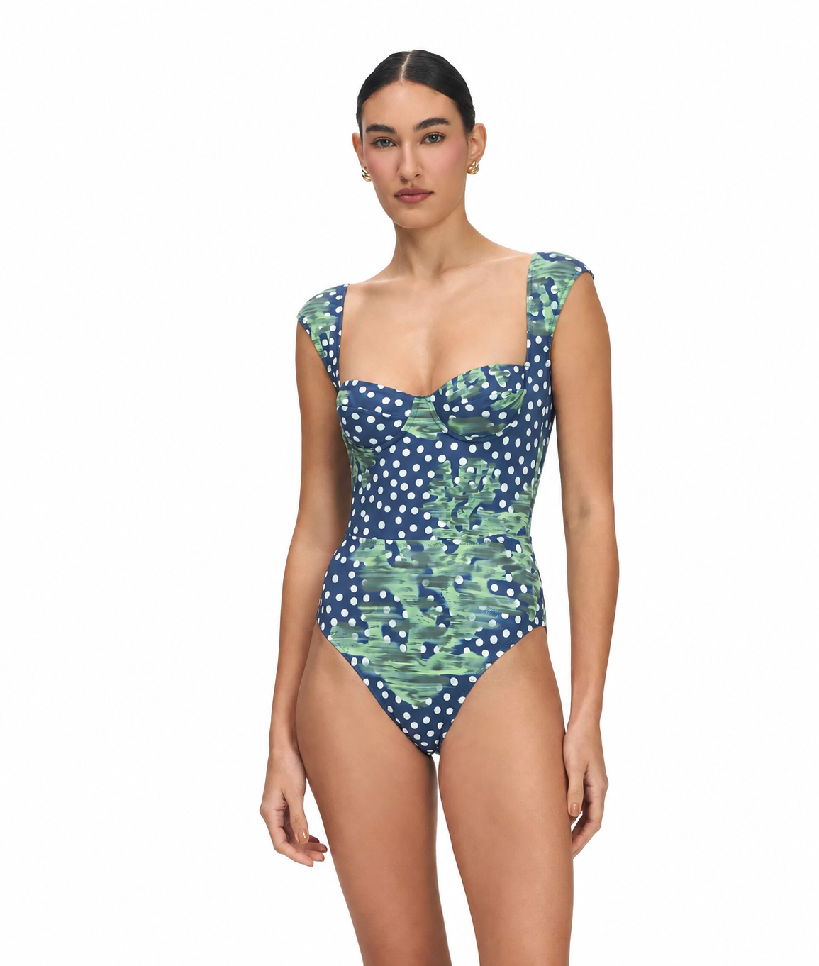 HAALS Selene One-Piece Swimsuit navy blue polka dot and green floral print ruched one-piece with sweetheart neckline and cap sleeves
