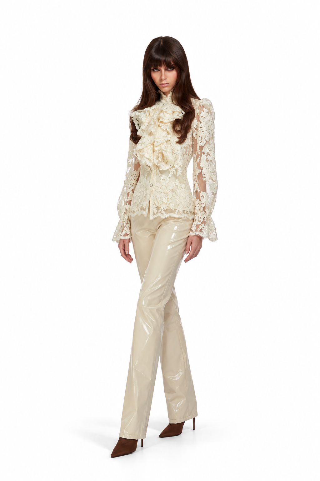 Odi Odi Mango Trousers in glossy cream with flared legs, worn by a model with an ivory lace blouse and brown heels.