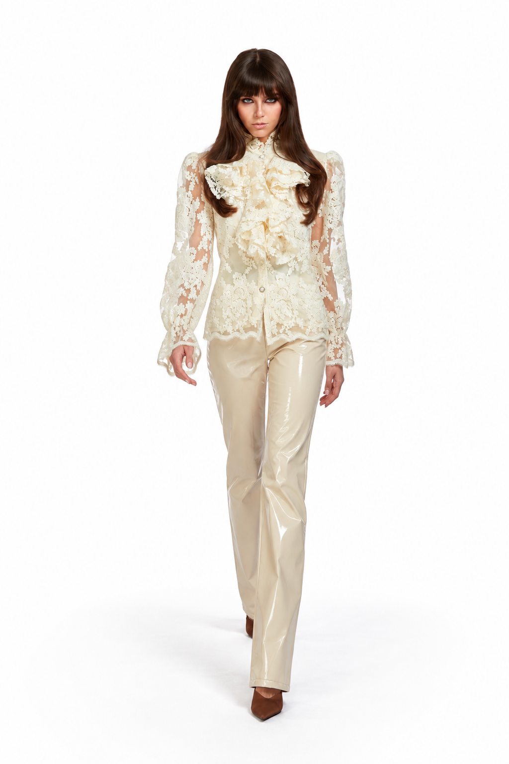 Odi Odi Mango Trousers in glossy cream with flared legs, shown on a model walking forward in an ivory lace blouse.