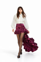Odi Odi Abbey Shirt in off-white with a ruffled front and sheer balloon sleeves, shown on a model walking forward.