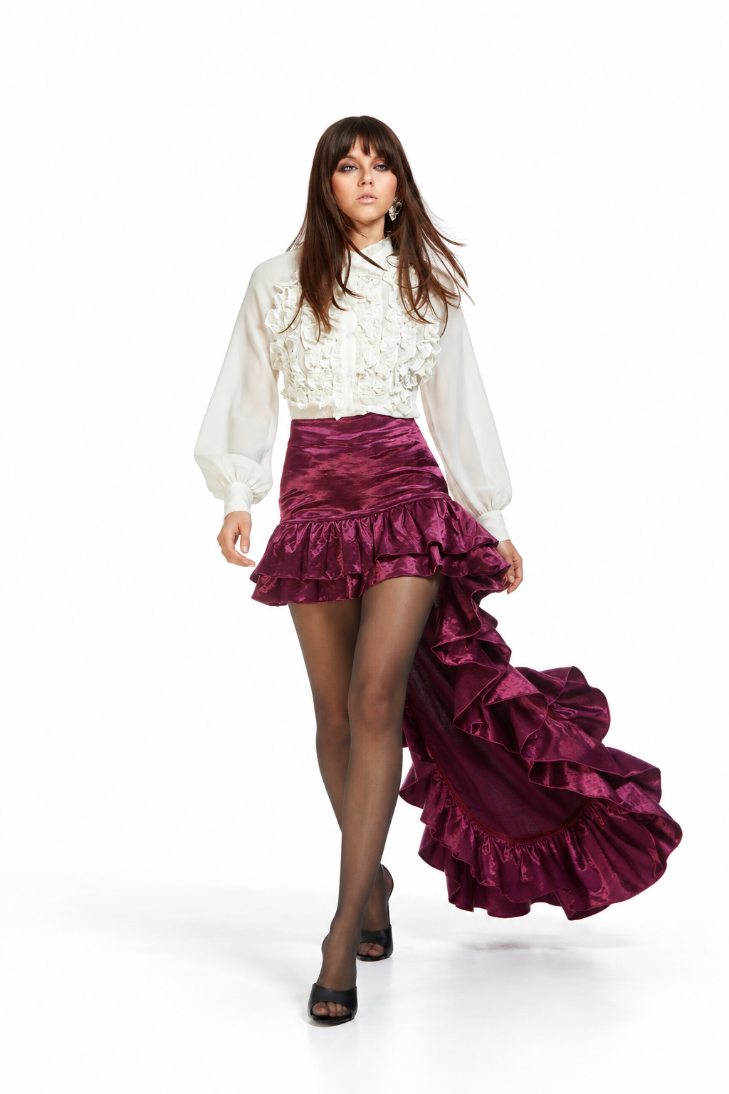 Odi Odi Abbey Shirt in off-white with a ruffled front and sheer balloon sleeves, shown on a model walking forward.