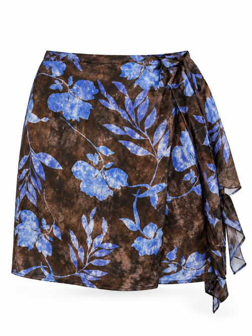 Love And Alicia HADINE brown satin mini wrap skirt with blue floral print and draped side tie, product view