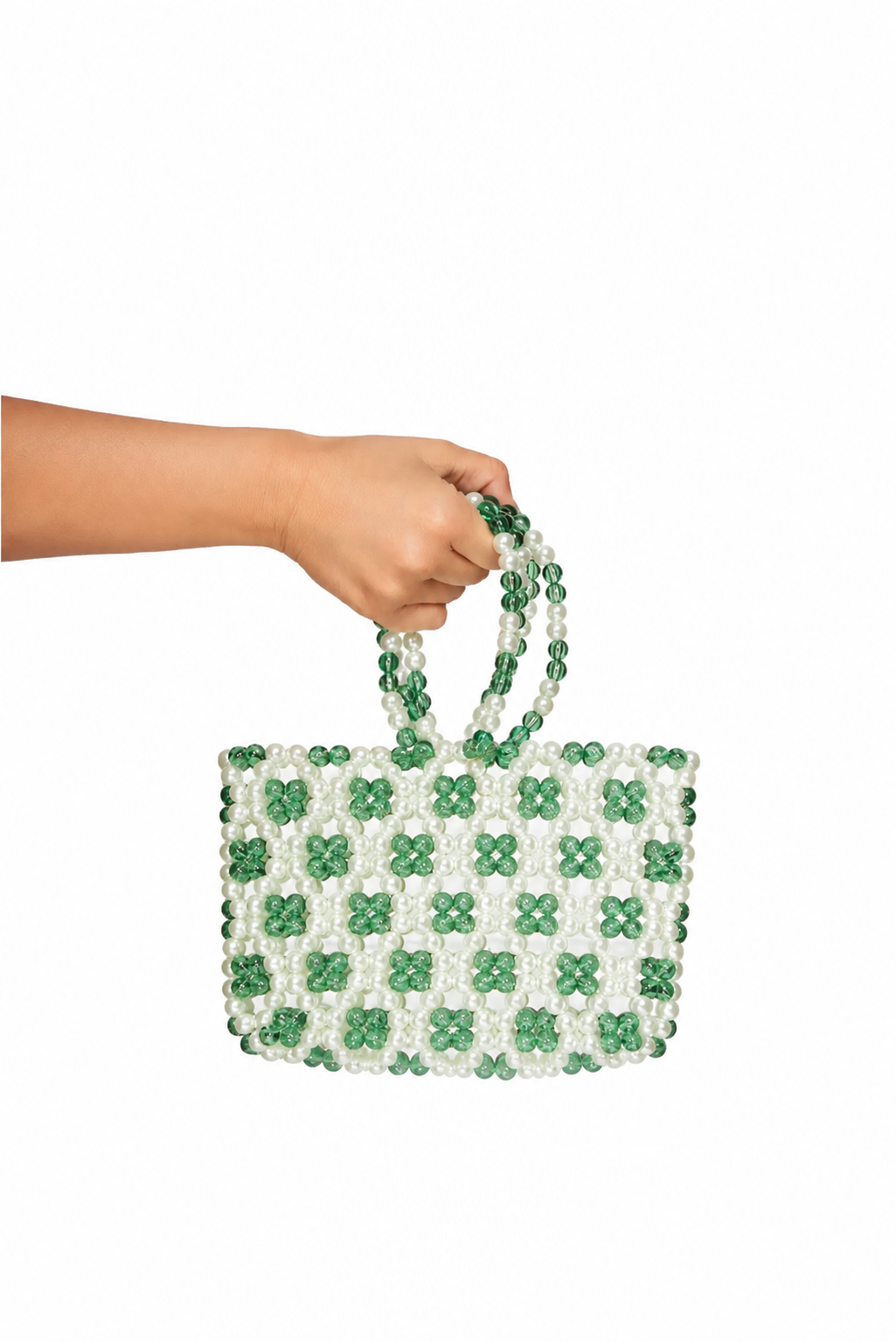 Oui Odile Ilda White Green Bag handmade white pearl and green crystal beaded mini tote with floral motif pattern held by hand