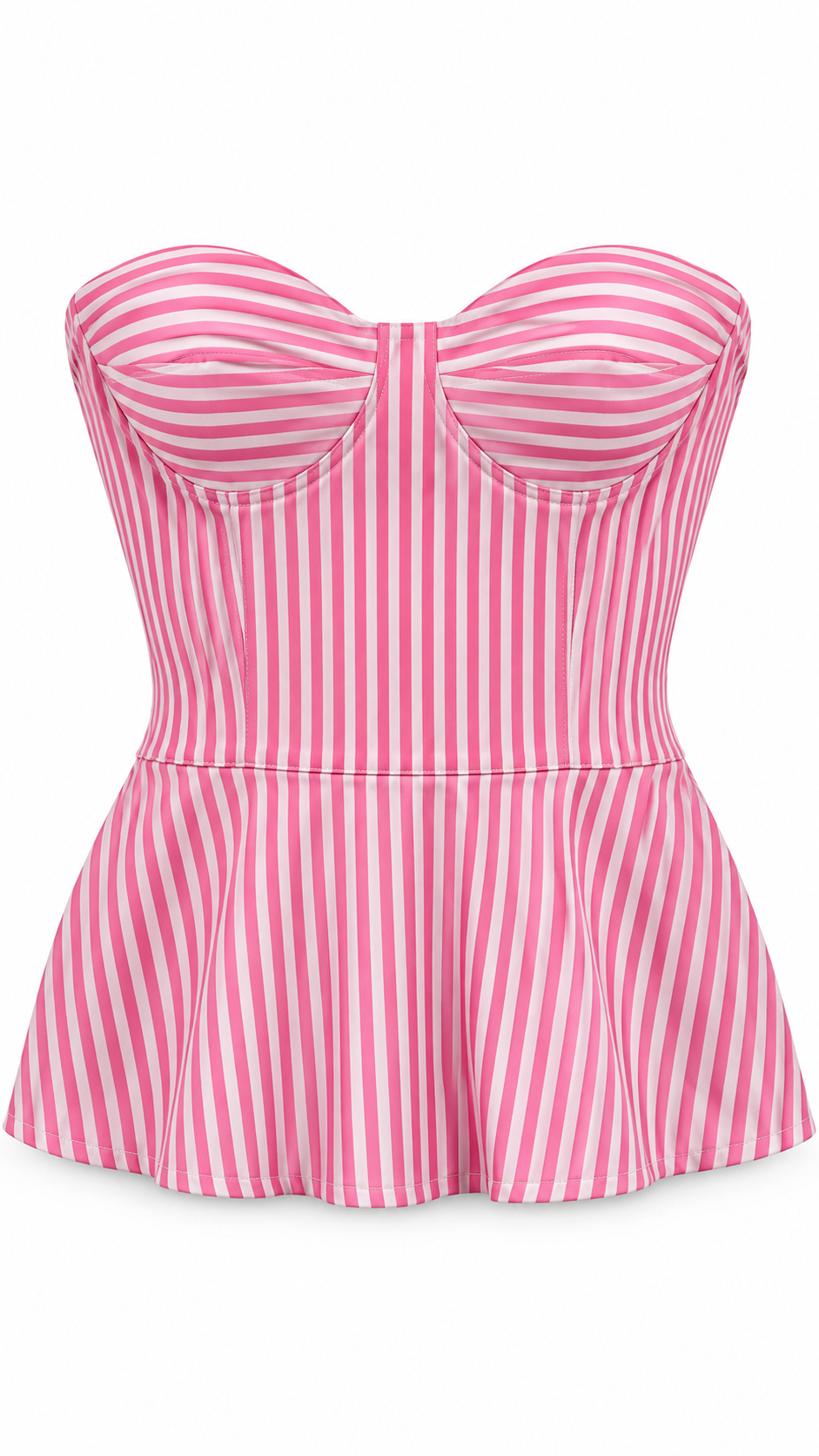 Pink and white vertically striped strapless bustier top with a sweetheart neckline and peplum hem, shown on a plain white background.